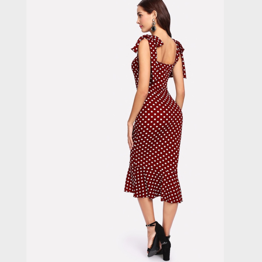Polka Dot Mermaid Midi Dress Tie Straps Burgundy - Picture 4 of 8